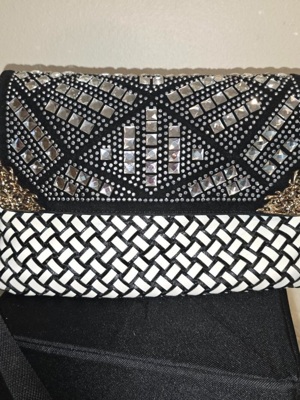 Boutique White/Black Faux-Leather Shoulder Bag with gold and rhinestone accents